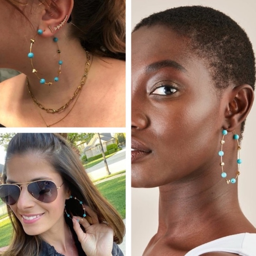 :: Stella & Dot | Retired Madison Hoops Gold+Turquoise Statement Earrings - Picture 5 of 6